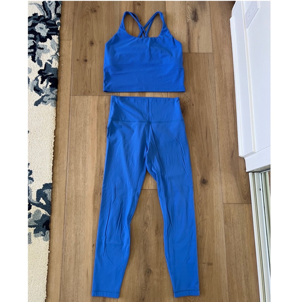 HeyNuts 2-Piece Blue Activewear Set- Built-In Bra Tank (L) & Leggings (M)